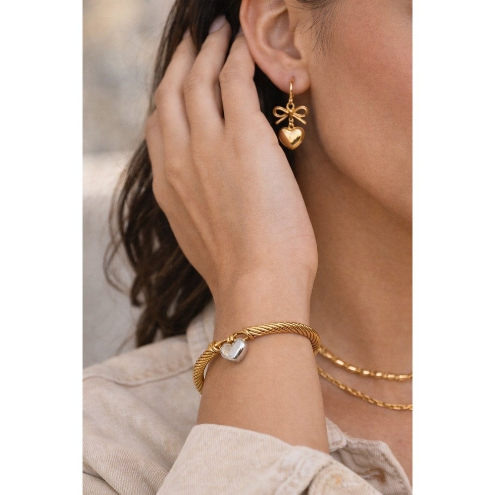 Gold Bracelet & Bow‎ Heart Earrings Bundle Trendy Gift Style Set
